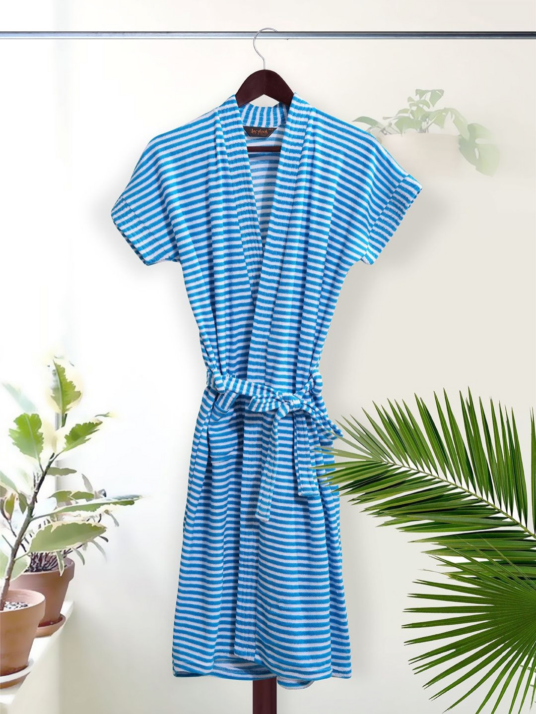HotGown Lining Blue Striped Cotton Drawstring Knee Length Bath Robe