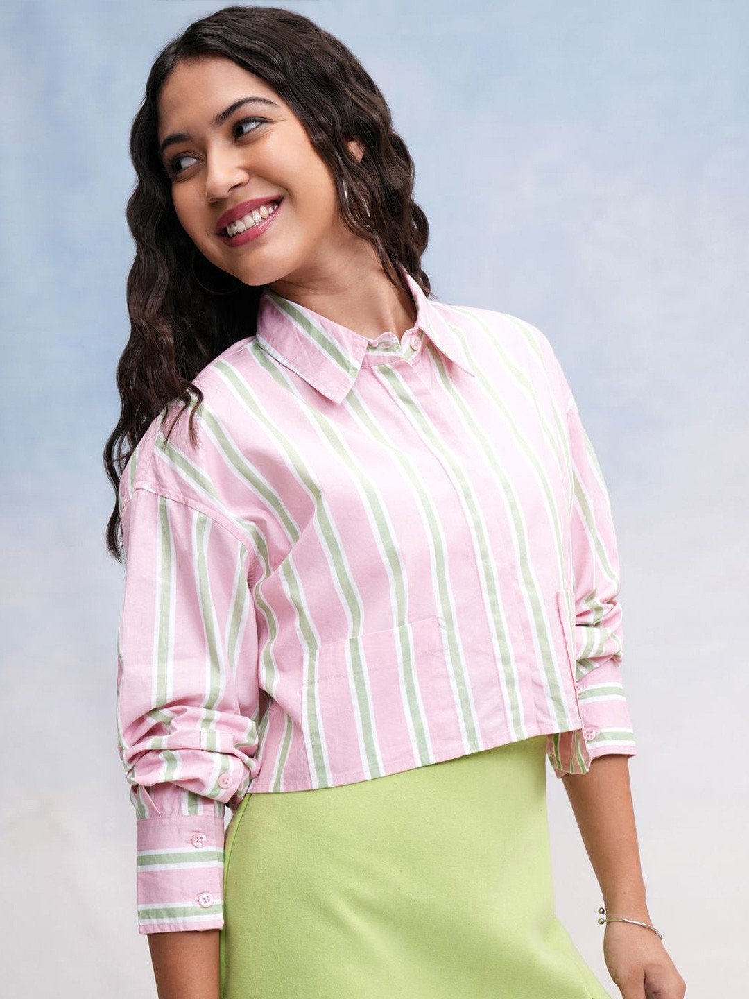 Tokyo Talkies Women Mui Striped Button Down Crop Shirt