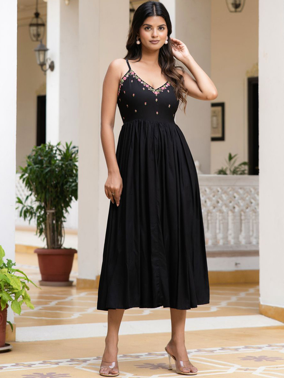 Neemiya Women Floral Embrodiered Shoulder Straps Flared Midi Dress