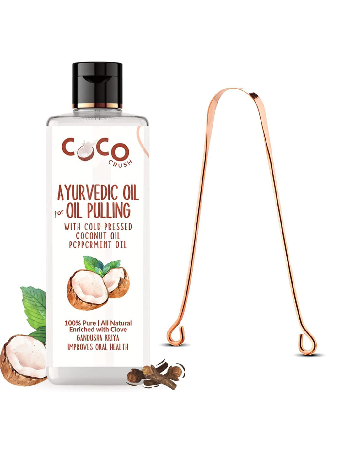 Coco Crush Ayurvedic Coconut Oil For Oil Pulling with Copper Tongue Cleaner-100ml