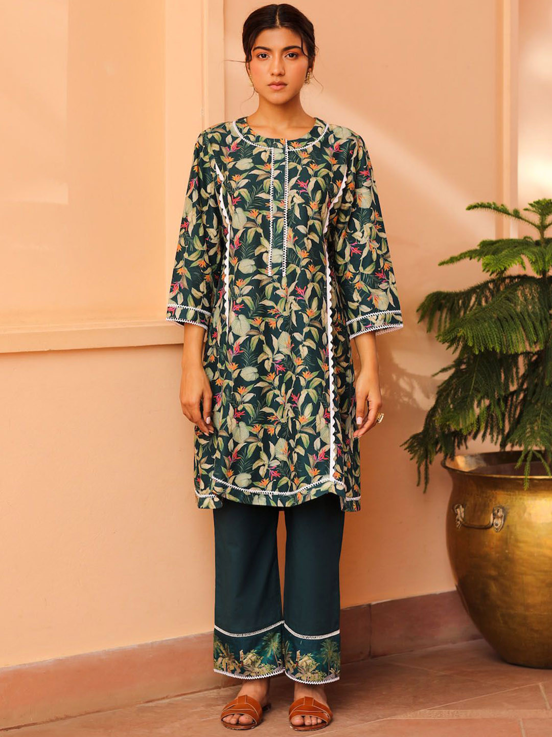 Sage Saga Floral Printed A-Line Pure Cotton Kurta with Palazzos