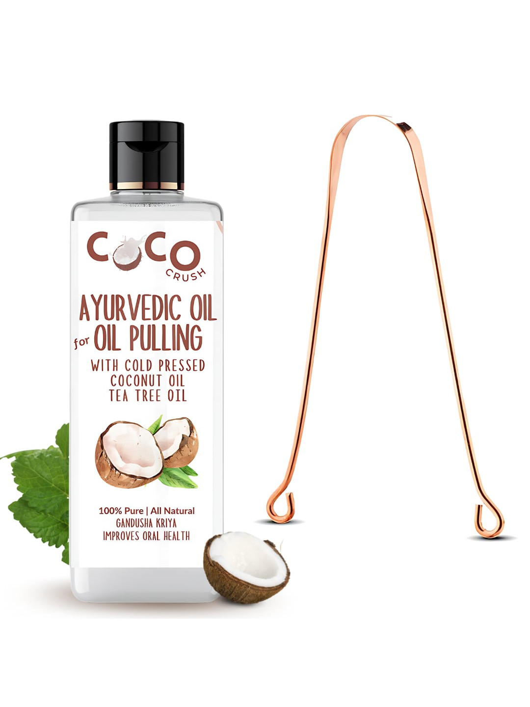 Coco Crush Ayurvedic Coconut Oil & Tea Tree For Pulling With Copper Tongue Cleaner -200ml