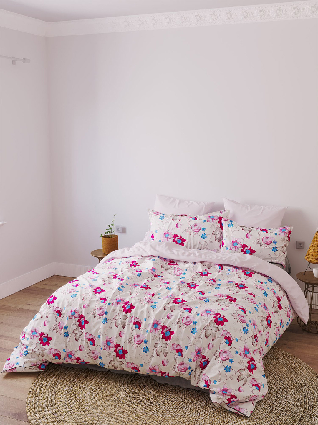 LABHAM Easyliving White Floral Cotton 180 TC King Fine Bedsheet with 2 Pillow Covers-108 x 108 inches