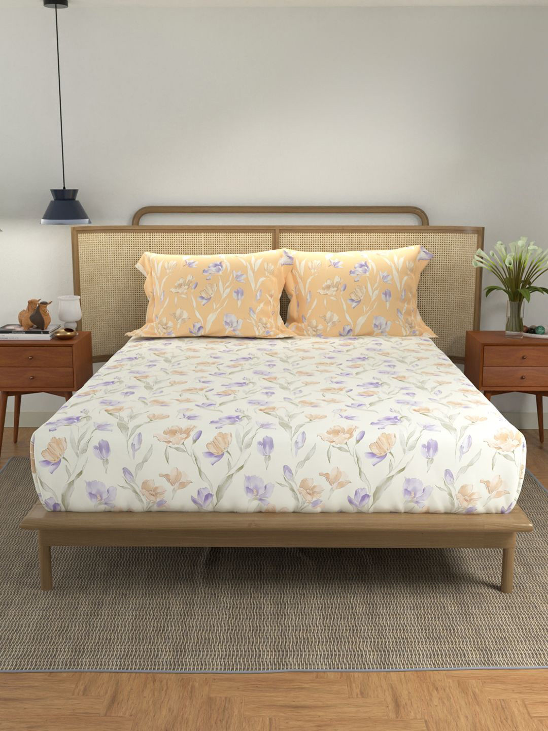 URBAN SPACE Autumn Peach Floral Cotton 144 TC Queen Bedsheet with 2 Pillow Covers-88 x 100 inches