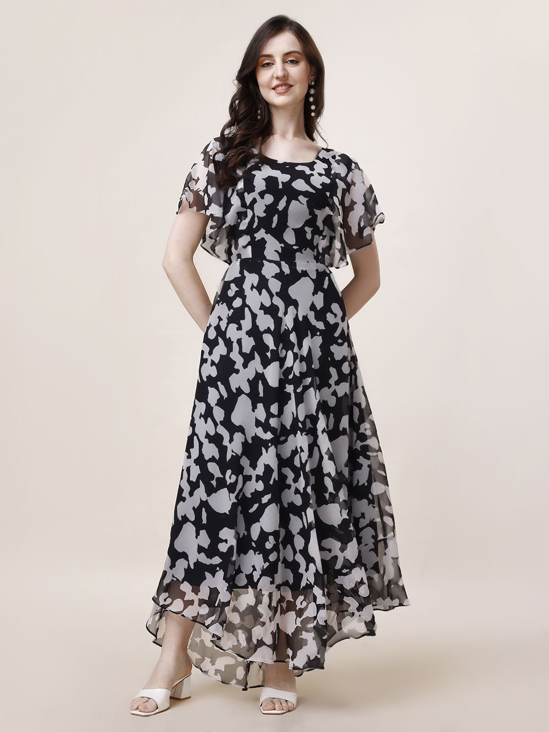 Fashion2wear Women Flutter Sleeves Abstract Printed Fit & Flare Maxi Dress