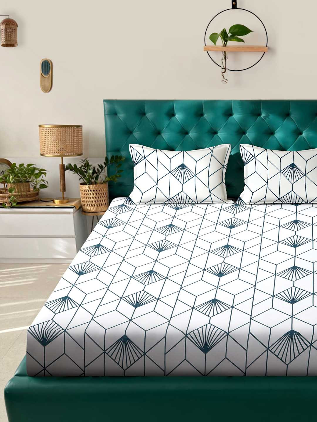 ROSARA HOME Ziva Navy Blue Geometric Pure Cotton 144 TC King Bedsheet with 2 Pillow Covers-108 x 108 inches