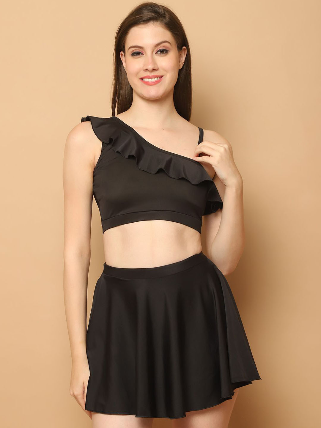 CUKOO Women One Shoulder Ruffles Detail Swim Set