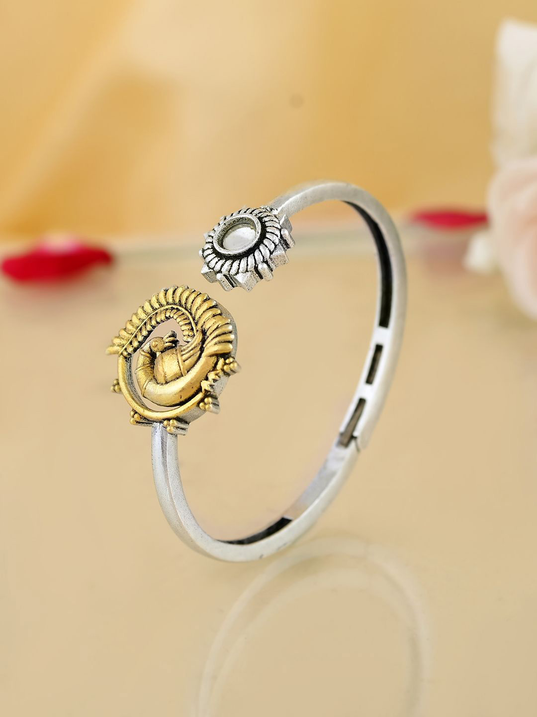 Voylla Qasbah Mayura Silver-Plated Oxidised Cuff Bracelet