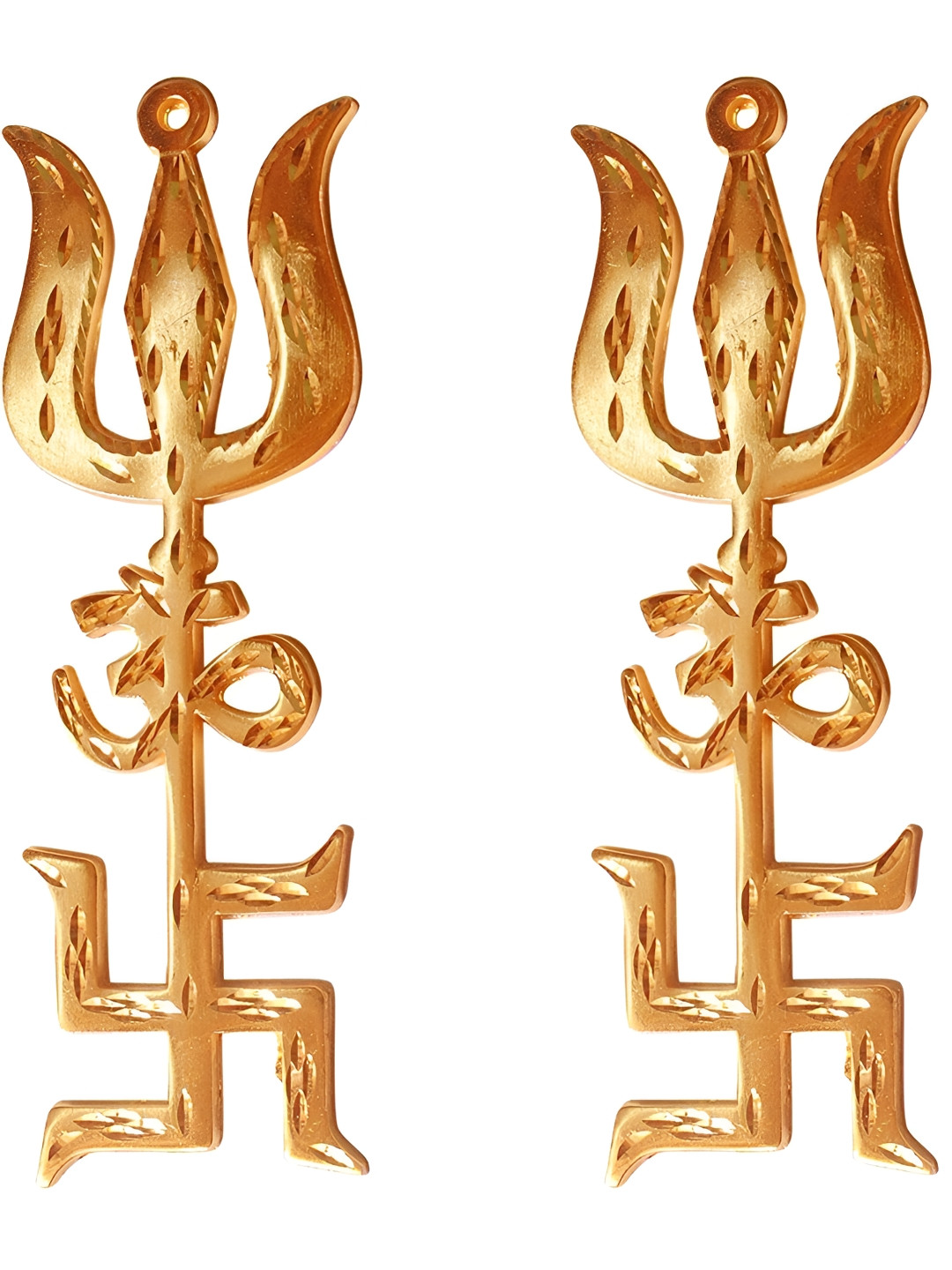 Navyaksh Trishul, Swastik and Om Gold Brass Metallic Prayer Room Set of 2 Small Showpieces - 3.1 Inches