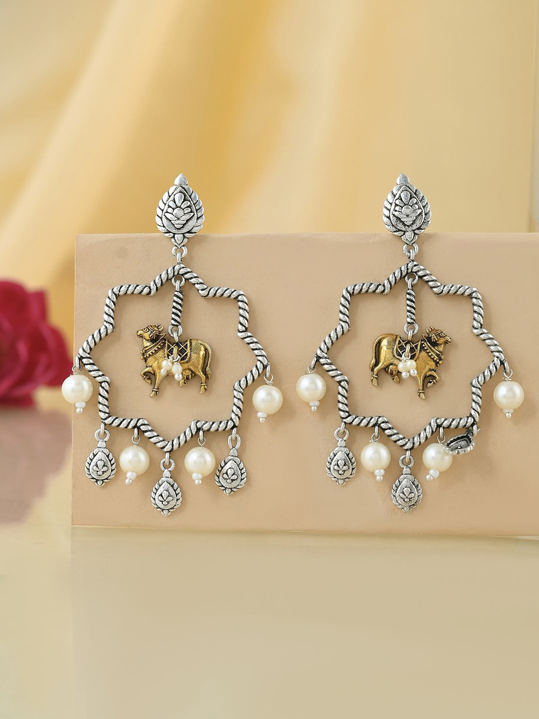 Voylla Qasbah Gaumata Silver-Plated Beaded Animal Shaped Oxidised Drop Earrings