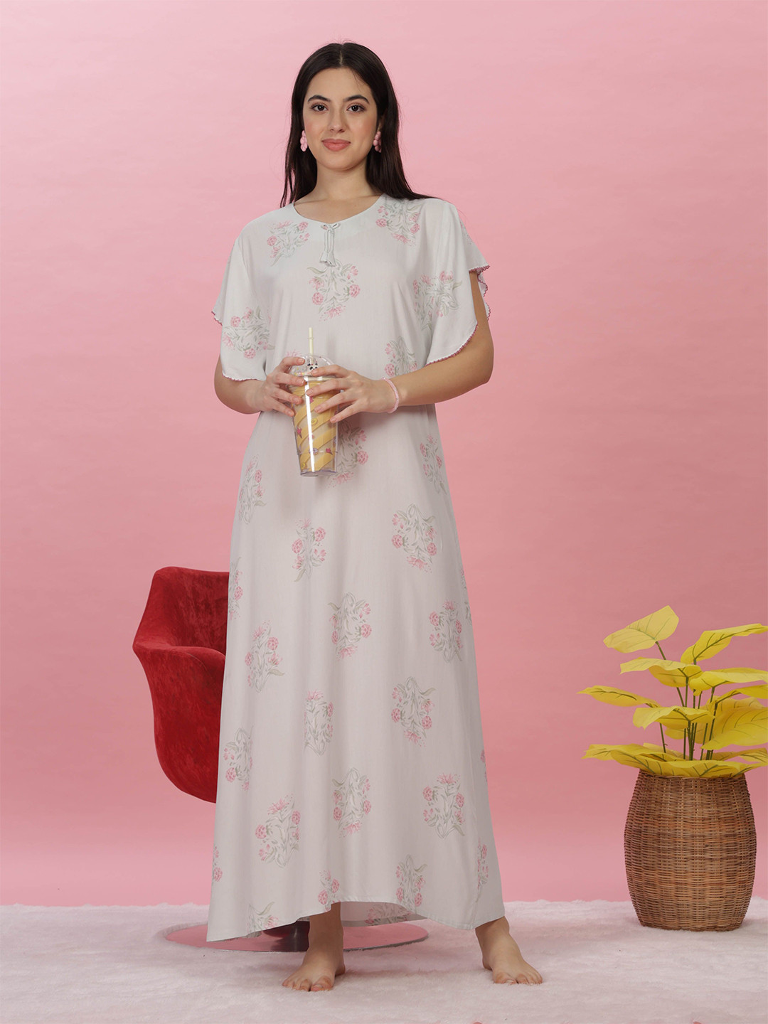 9shines Label  Women Kaftan Sleeve Floral Printed Maxi Nightdress