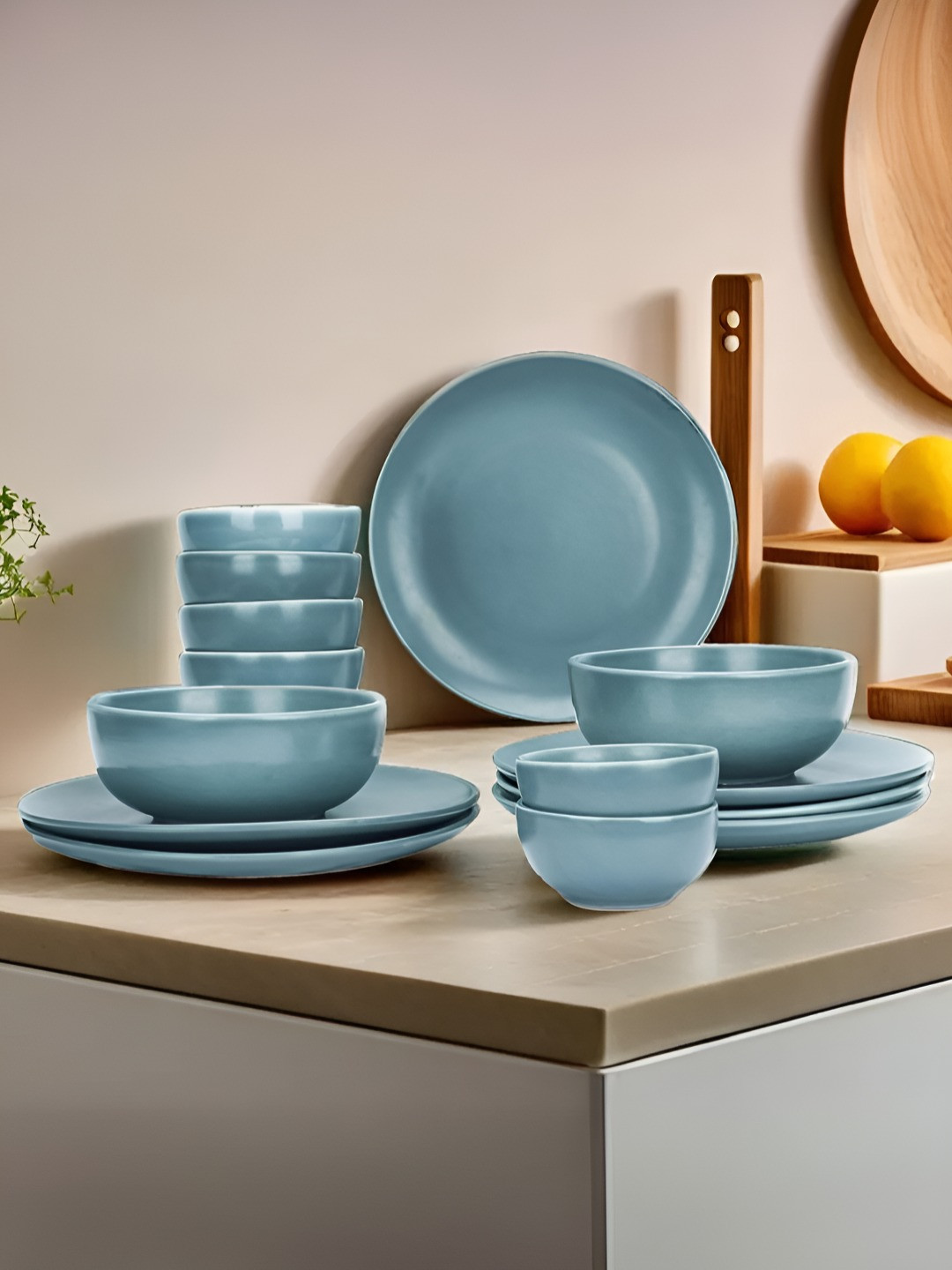 The Better Home Terra Series Blue Solid Ceramic Microwave Safe 14 Piece Dinner Set