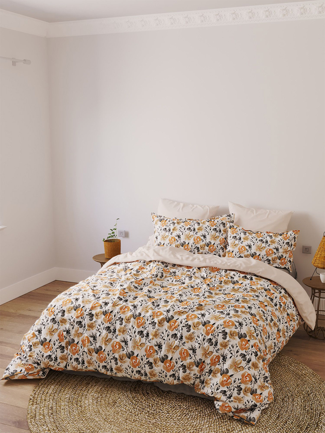 LABHAM Easyliving White Floral Cotton 180 TC King Fine Bedsheet with 2 Pillow Covers-108 x 108 inches