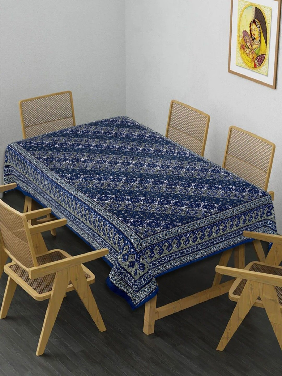 INDHOME LIFE Blue & White Ethnic Motifs Printed 210 TC Cotton 6-Seater Table Cover