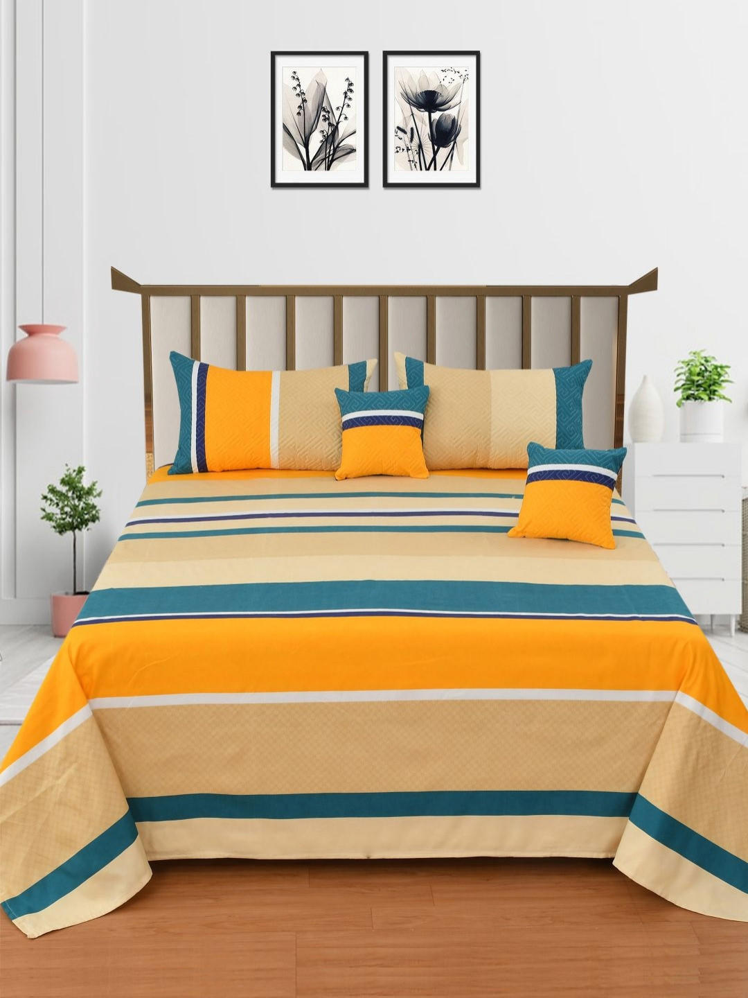 MORADO Orange & Blue Striped Double Queen Superfine Bedding Set