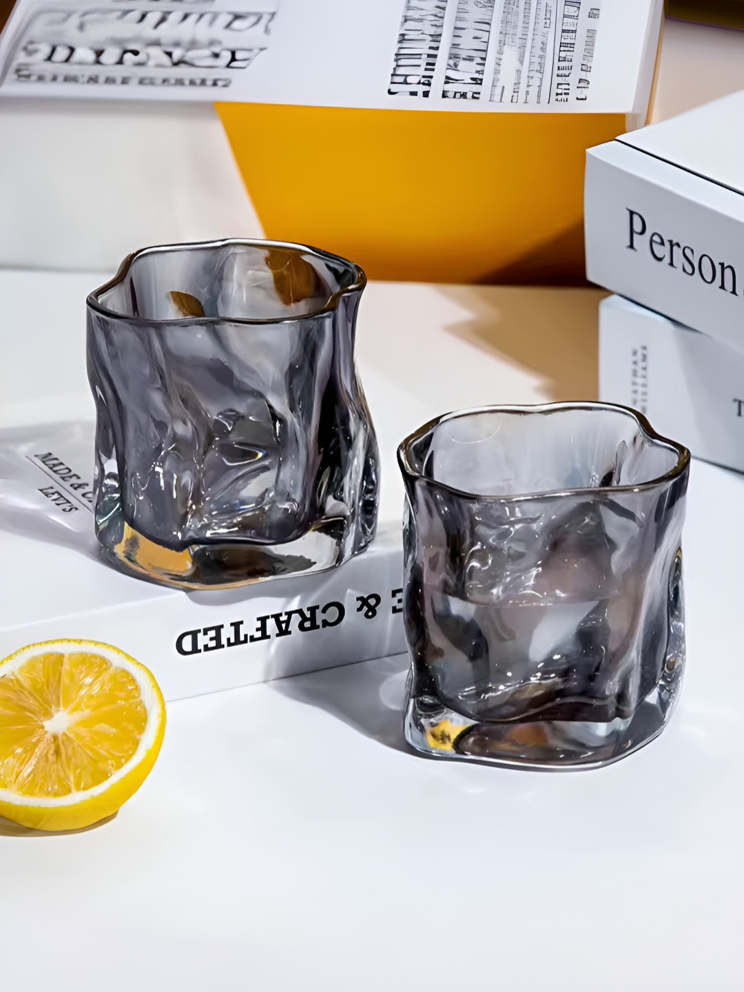 The Better Home Grey 2 Pieces Textured Whiskey Glasses 230ml