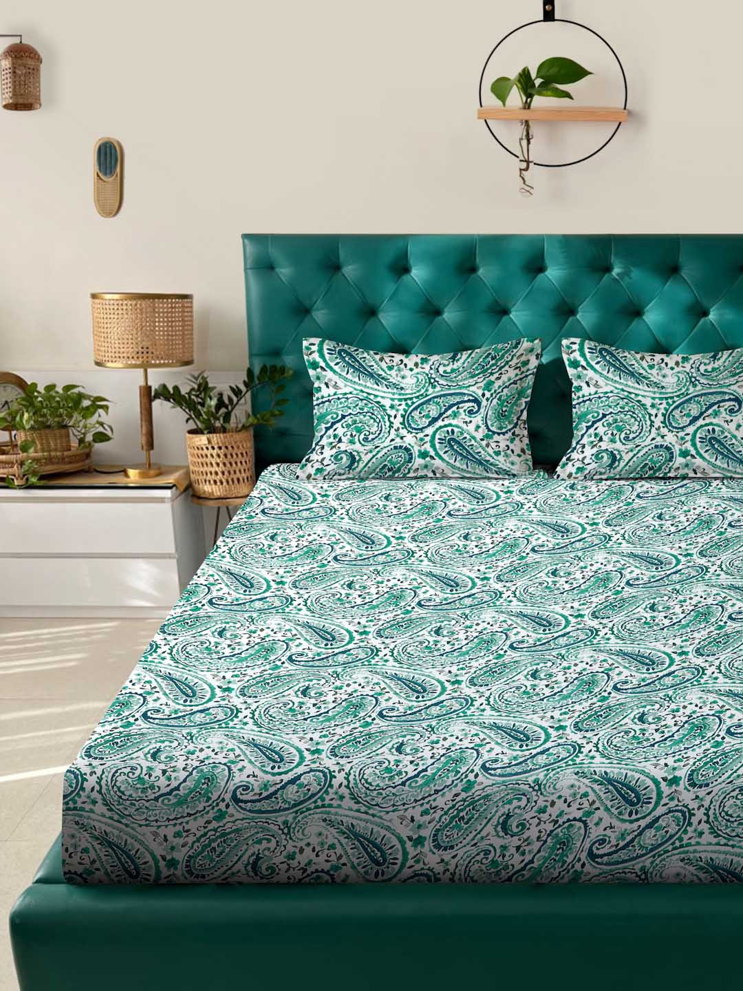 ROSARA HOME Solana Teal Paisley Pure Cotton 200 TC Queen Bedsheet with 2 Pillow Covers-100 x 89 inches