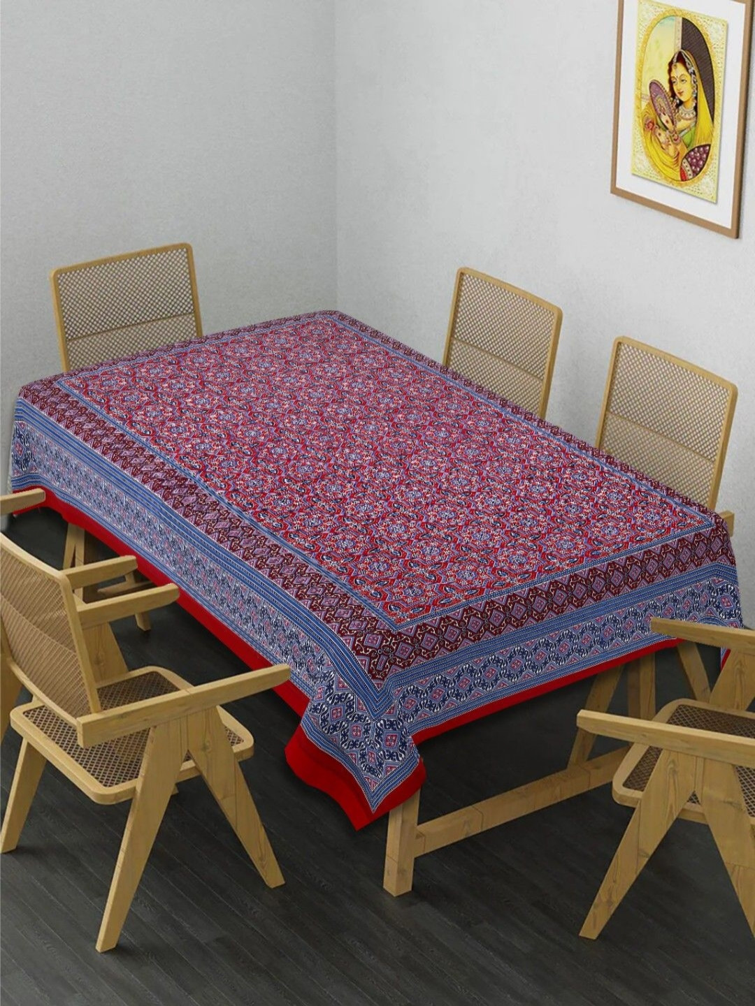 INDHOME LIFE Red & Blue Ethnic Motifs Printed 210 TC Cotton 6-Seater Table Cover