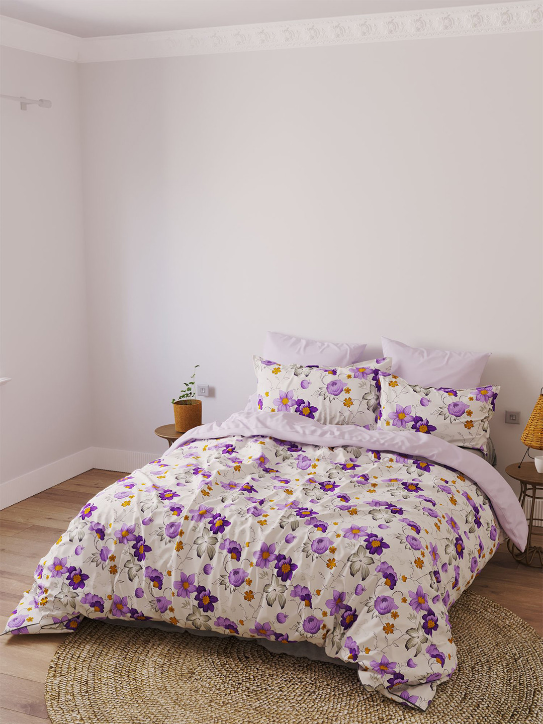 LABHAM Easyliving White Floral Pure Cotton 180 TC King Fine Bedsheet with 2 Pillow Covers-274 x 274 cm