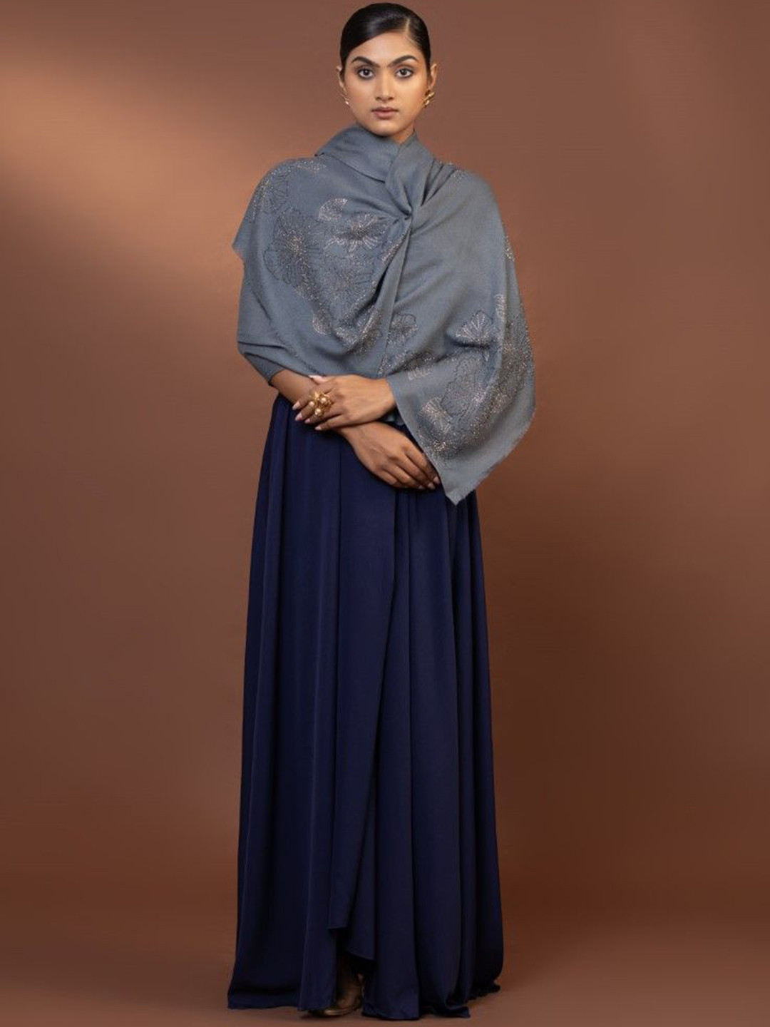 MODARTA 3D Floral & Beads Hand Embroidered Woollen Shawl