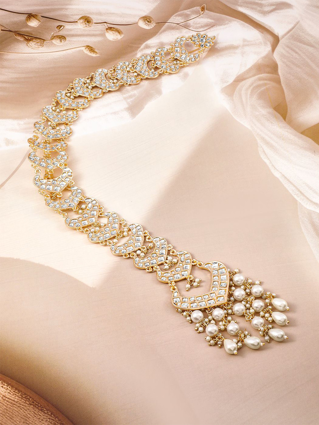 Rubans 22K Gold Plated Kundan Studded Pearl Beaded Hair Choti Braid Jewelry