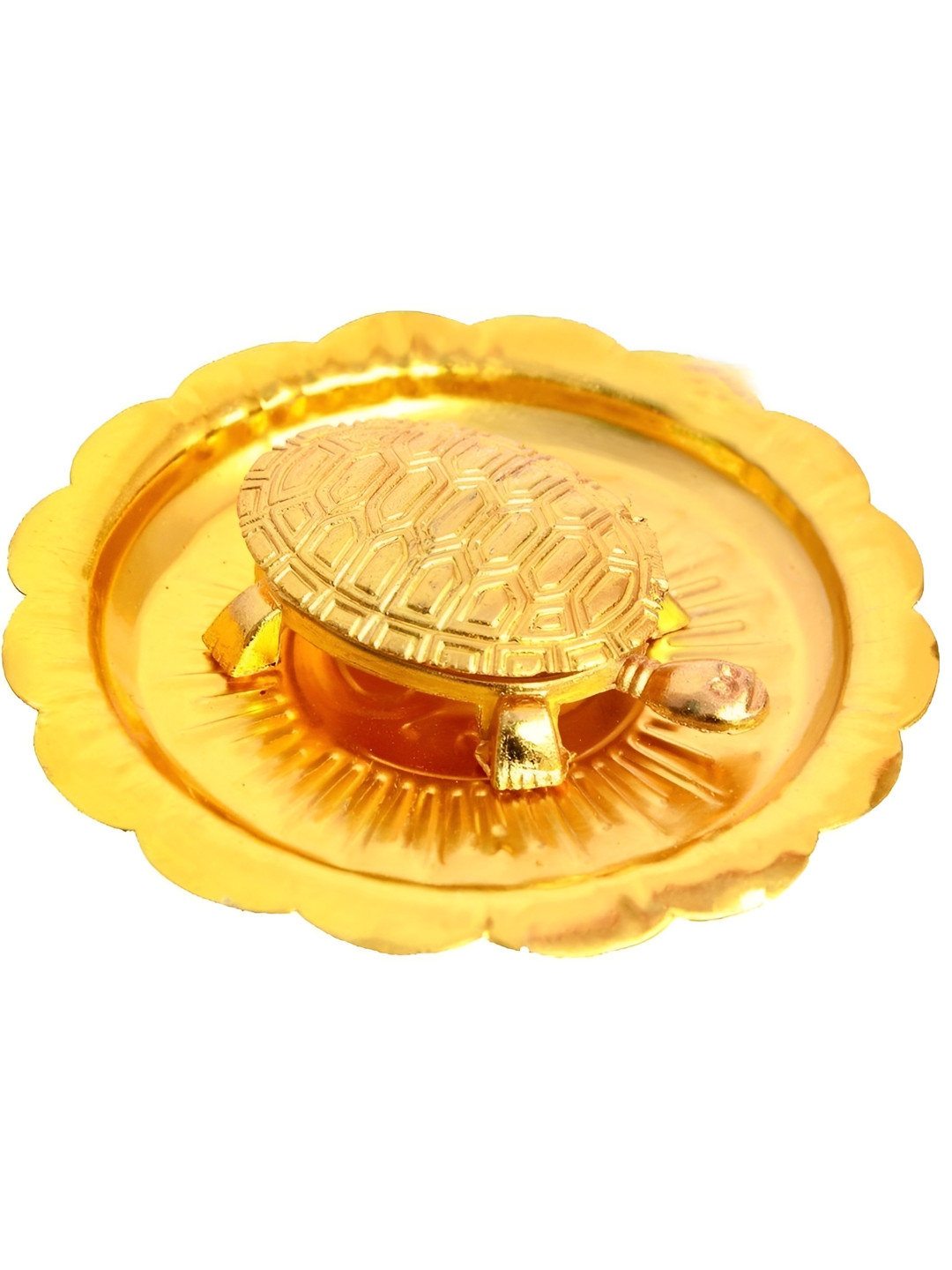 Navyaksh Feng Shui Tortoise on Plate Gold Brass Metallic Prayer Room Set of 2 Small Showpieces - 3.1 Inches