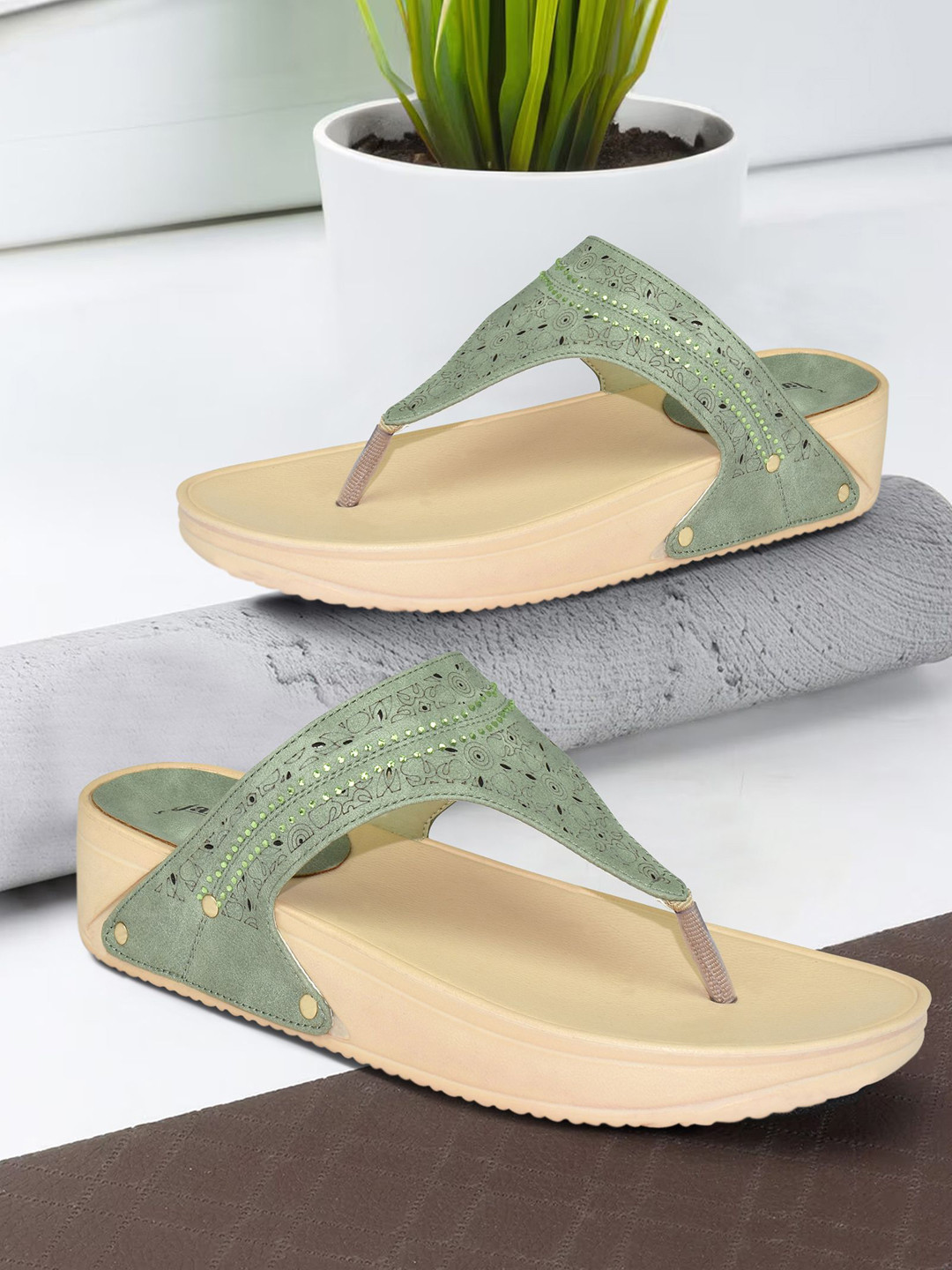 Ajanta Embellished Wedge Sandals with Laser Cuts