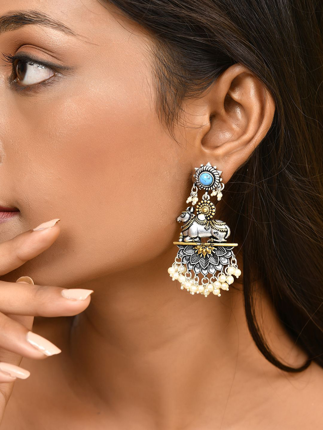 Voylla Qasbah Silver-Plated Nandi Animal Shaped Oxidised Drop Earrings