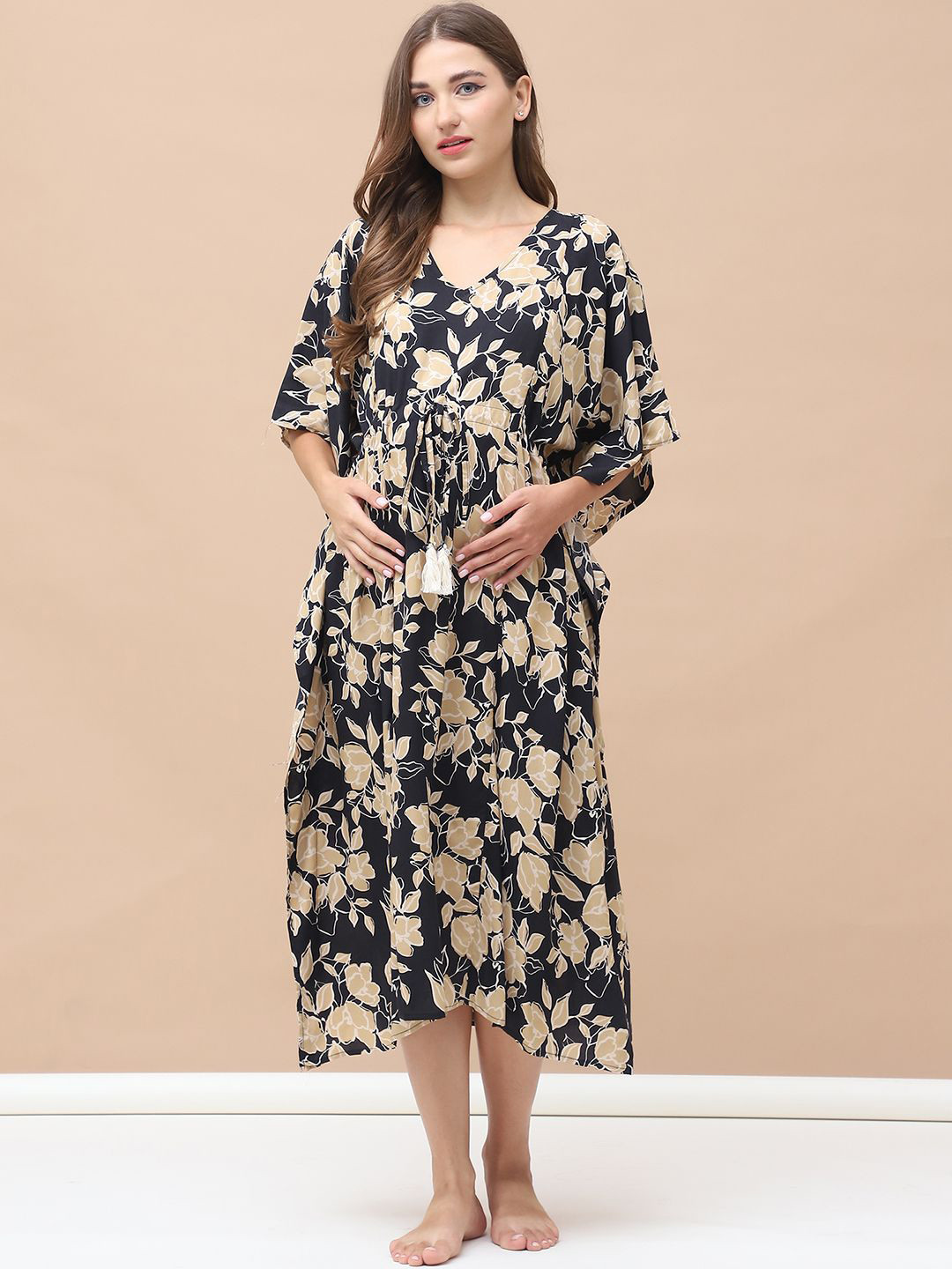 Secret Wish Pure Cotton Calf Length Printed Maternity Kaftan Nightdress