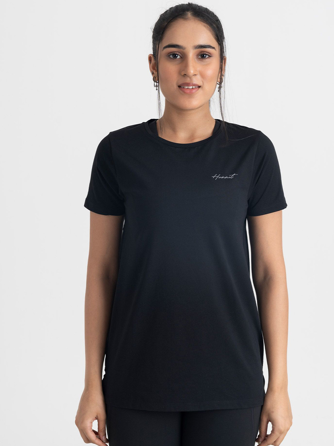 Hunnit Women Zen Mesh Panel Round Neck Regular Fit Activewear Top