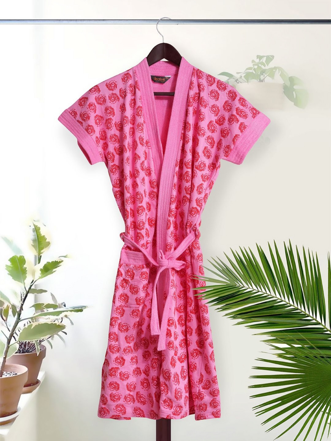 LacyLook Rose Pink Conversational Terrycloth Drawstring Knee Length Bath Robe