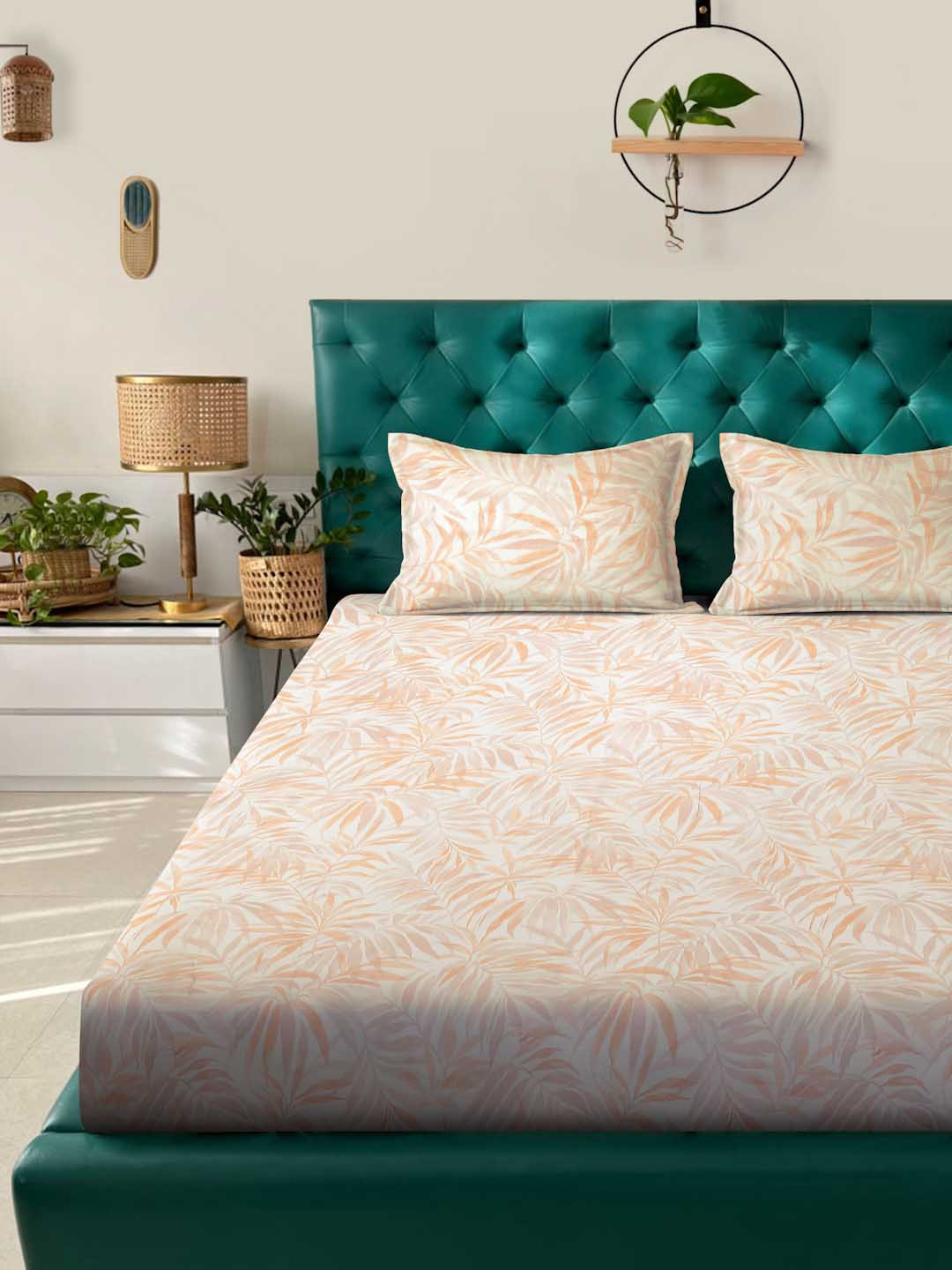 ROSARA HOME Solana Off White Floral Cotton 200 TC Fitted Queen Fine Bedsheet with 2 Pillow Covers-100 x 89 inches