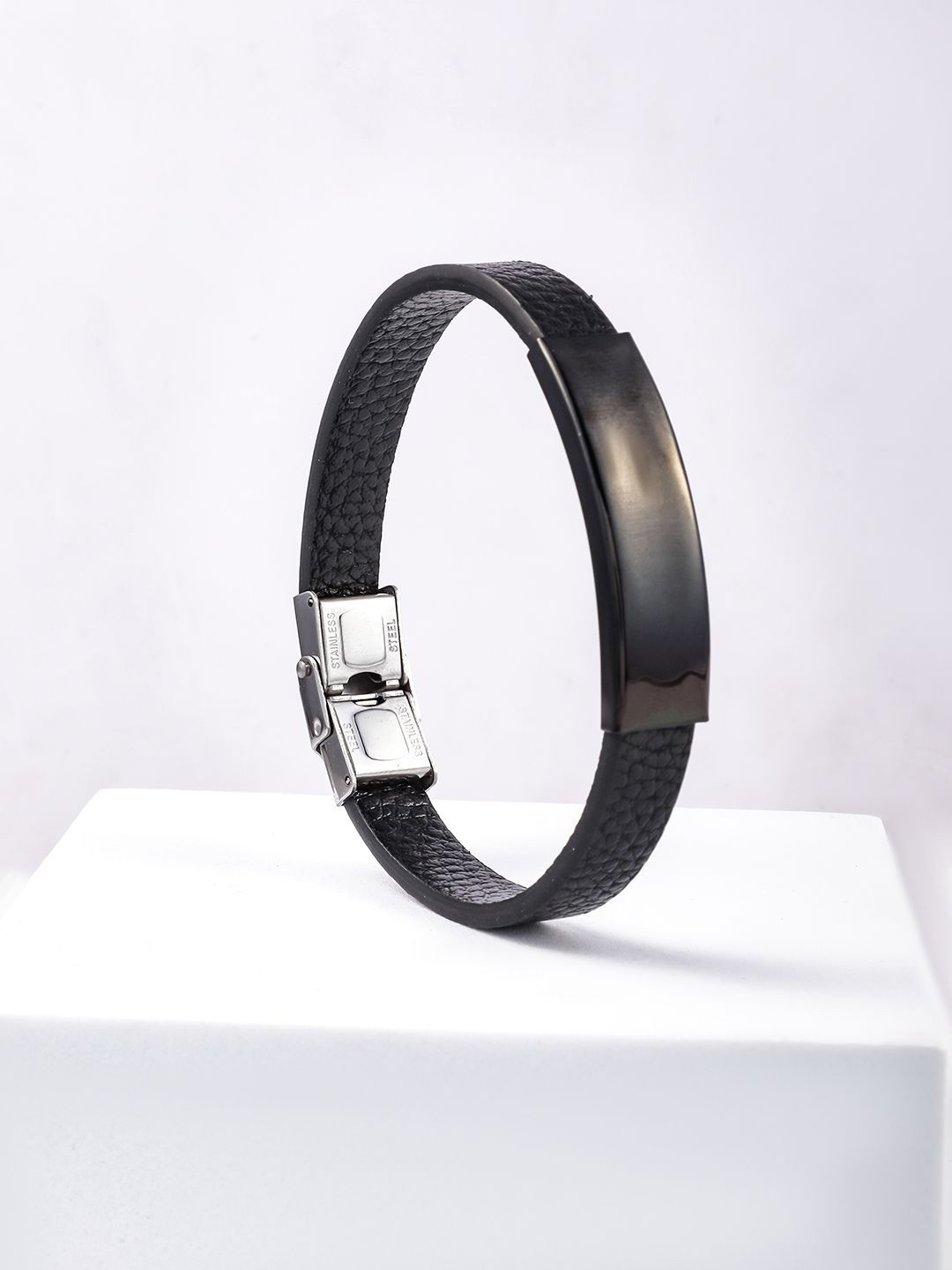 Roadster Black Textured Leather Bracelet for Men with Stainless Steel Demi-Fine Clasp