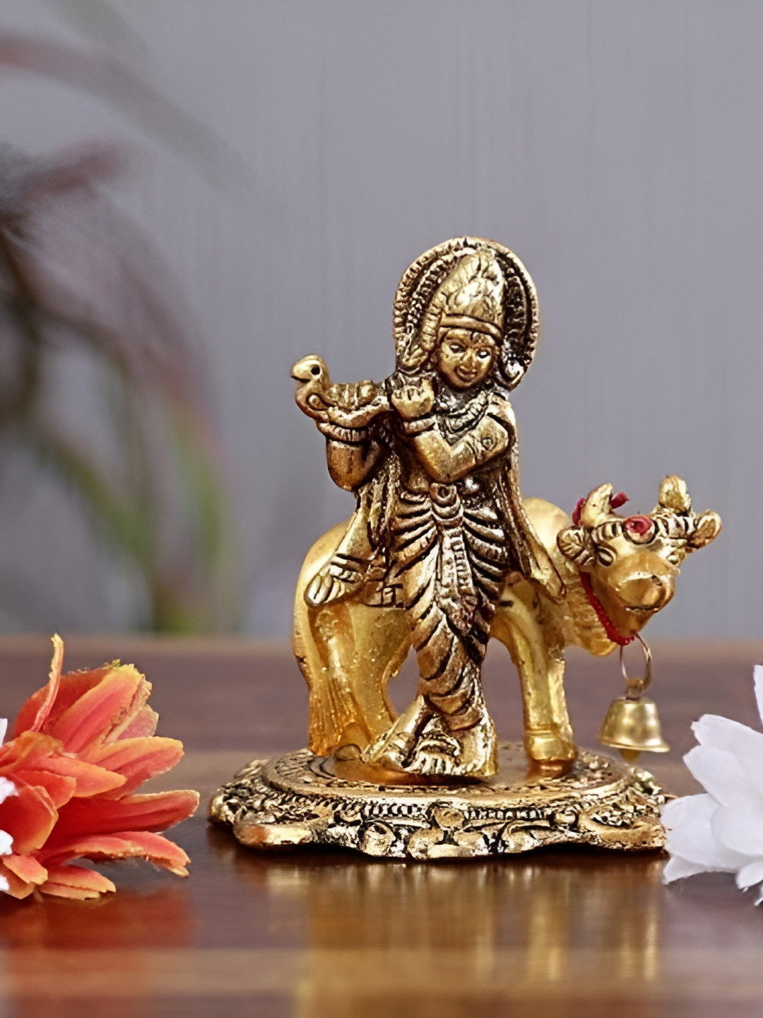 Navyaksh Krishna Ji with Kamdhenu Cow Gold Metal Metallic Prayer Room Small Showpiece - 3.1 Inches