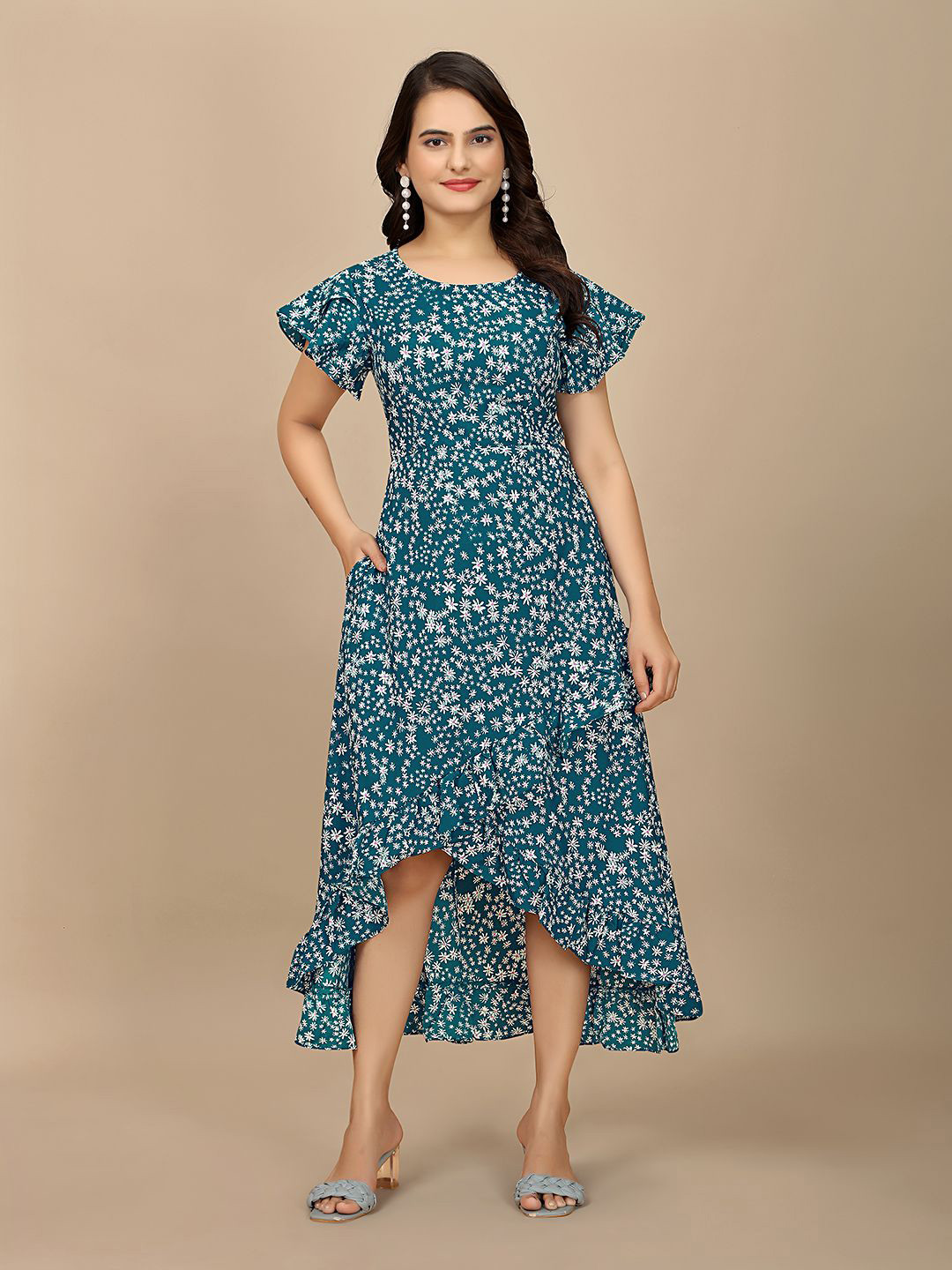 BAESD Women Floral Printed Fit and Flare Maxi Dress Ruffles Detail