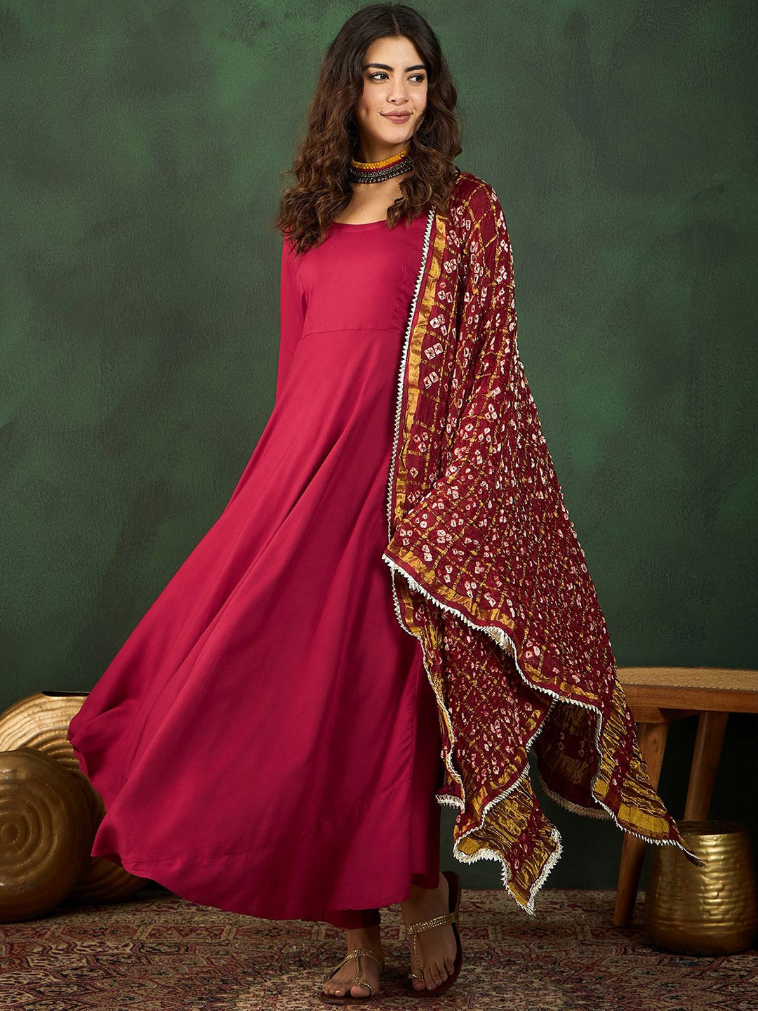 Sangria Maroon Anarkali Kurta With Trousers & Bandhani Dupatta