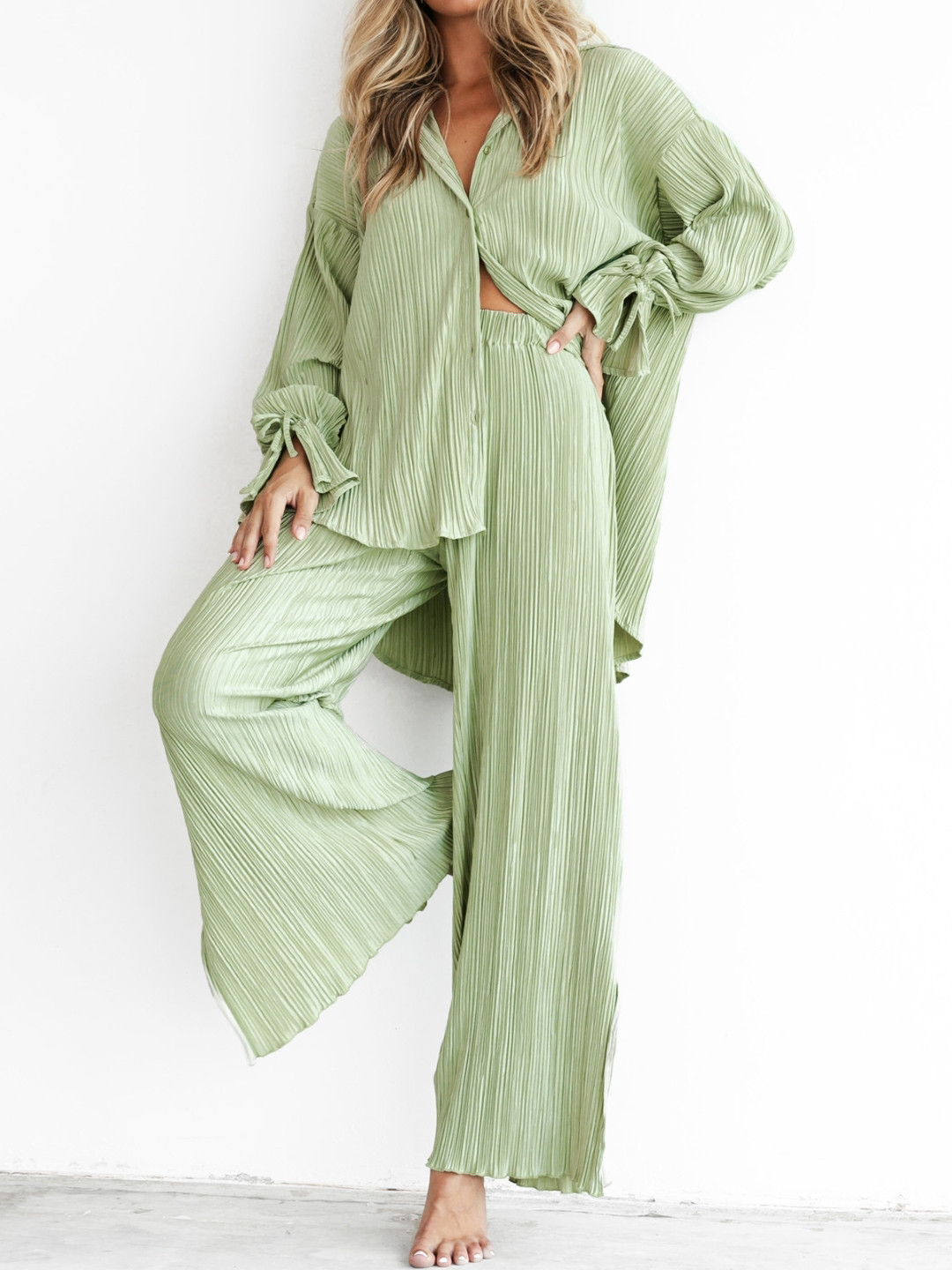KPOP Shirt Collar Neck Long Sleeves Shirt With Trouser Night Suit
