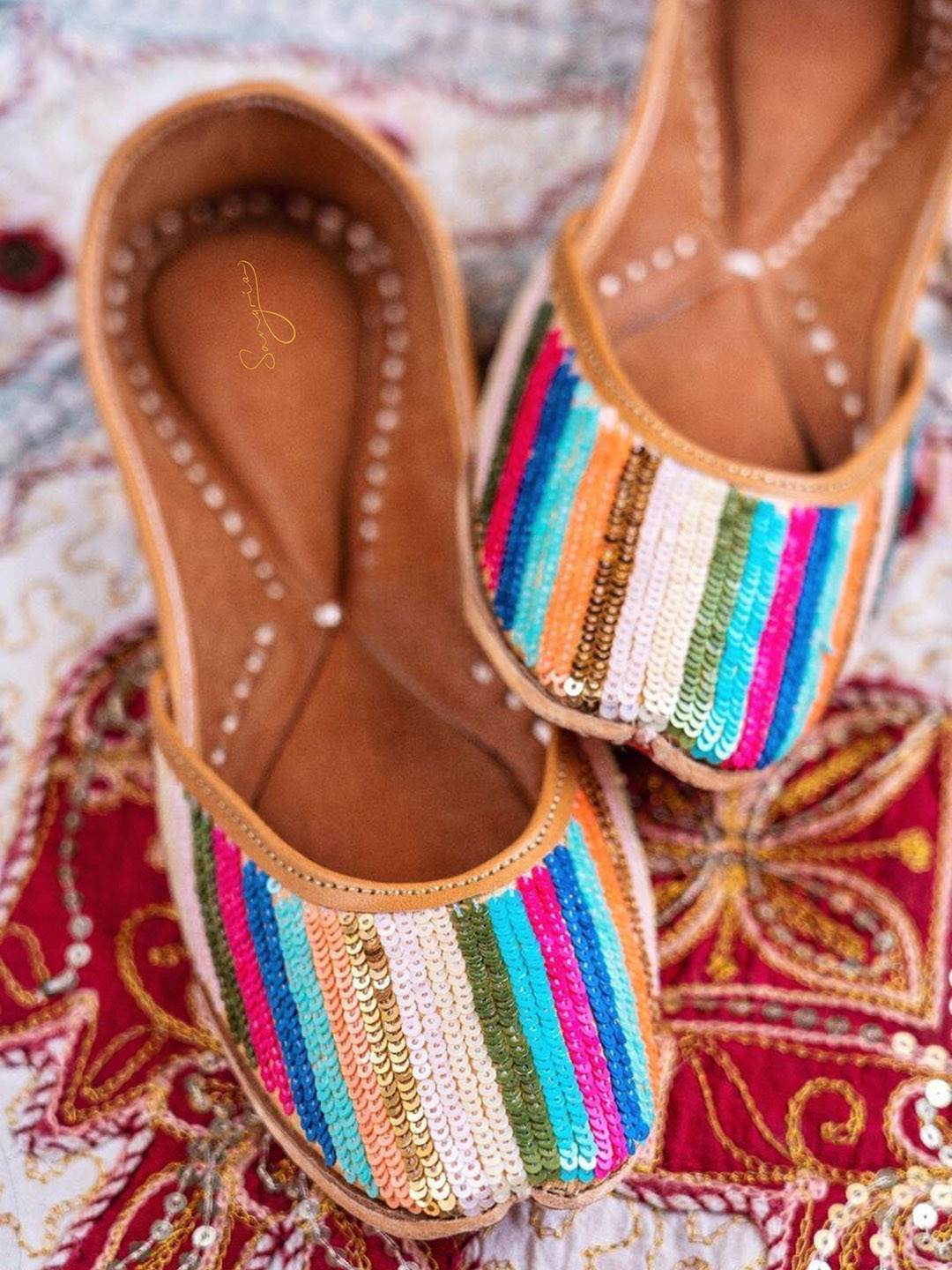 Sangria Women Embroidered Round Toe No Back Strap Leather Embellished Flats Mojaris