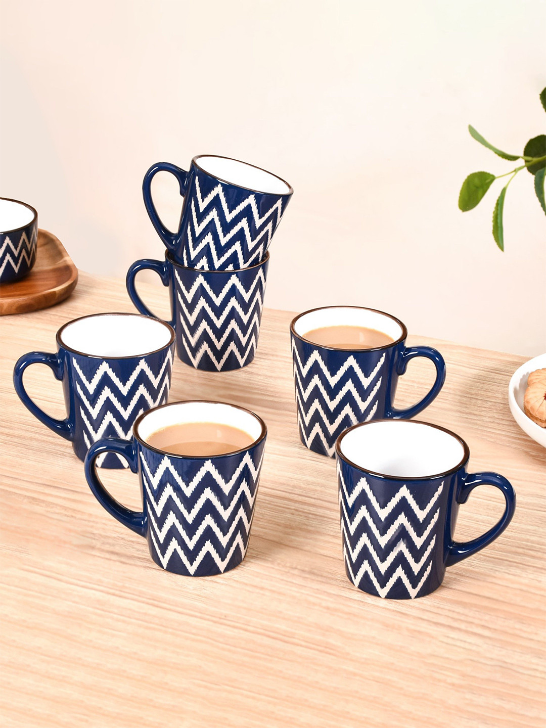 Nestasia Gold Design Blue Chevron Ceramic Microwave Safe 6 Piece Cups-250ml