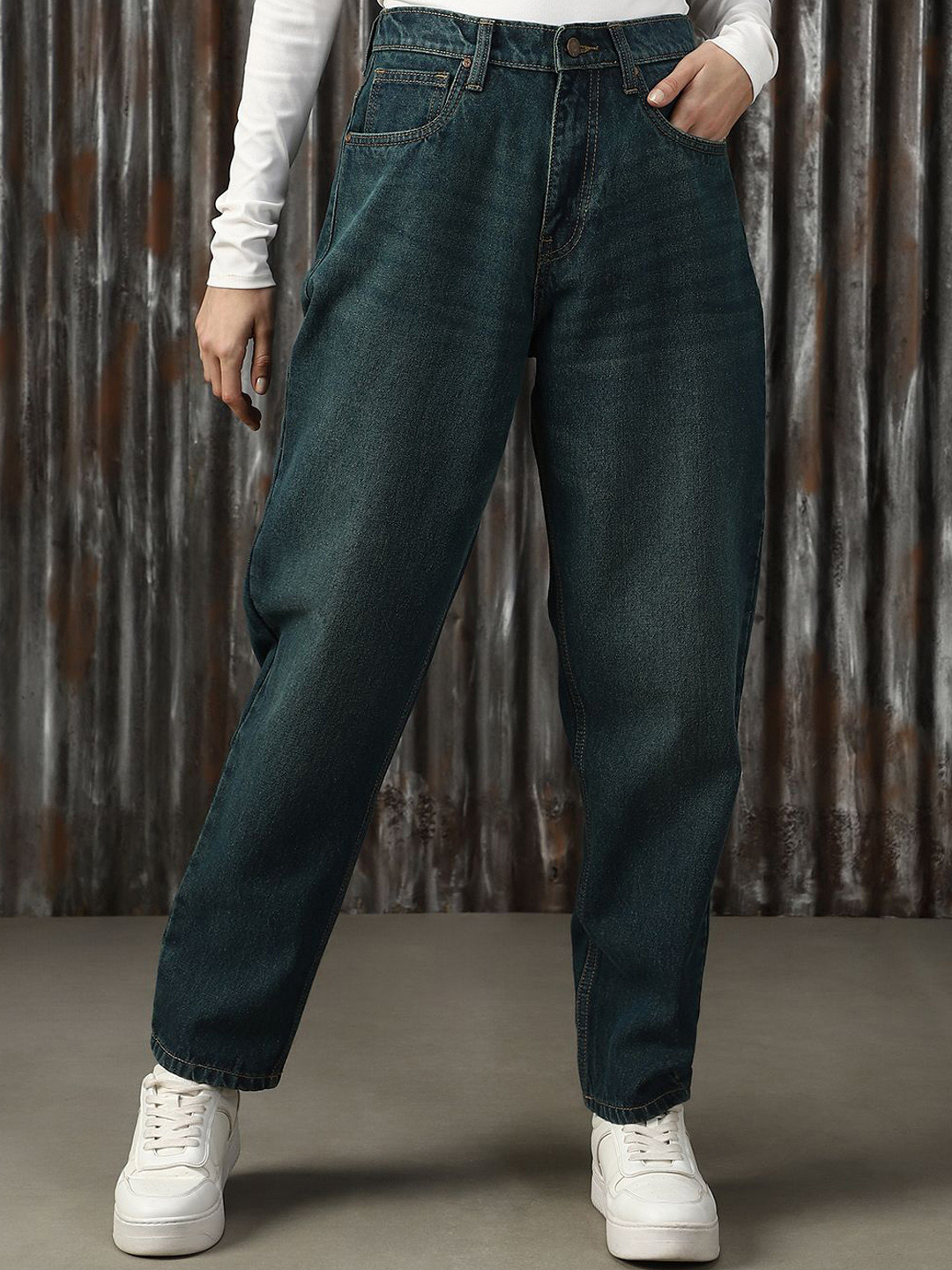 High Star Women Mom Slim High-Rise Back Elasticated Waist Band Jeans