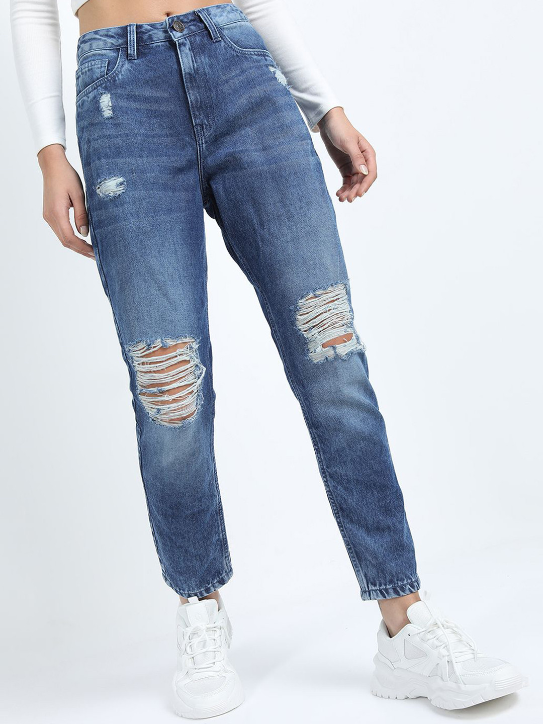 Tokyo Talkies Women Straight Fit Highly Distressed Light Fade Stretchable Jeans