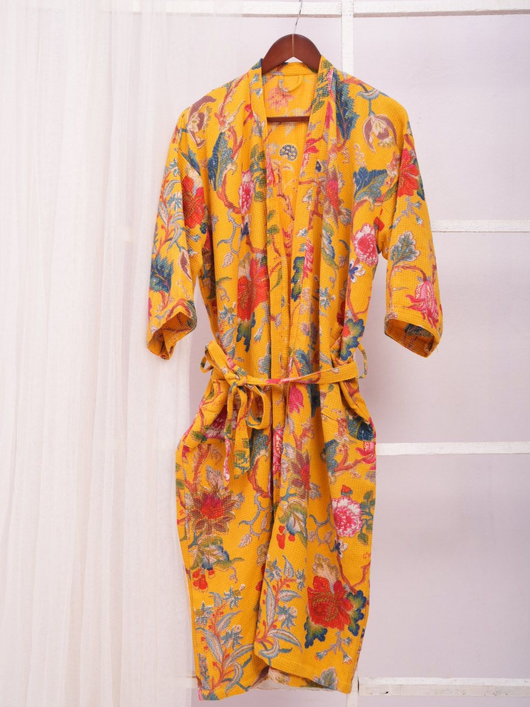 HotGown Waffle Yellow Floral Cotton Drawstring Knee Length Bath Robe
