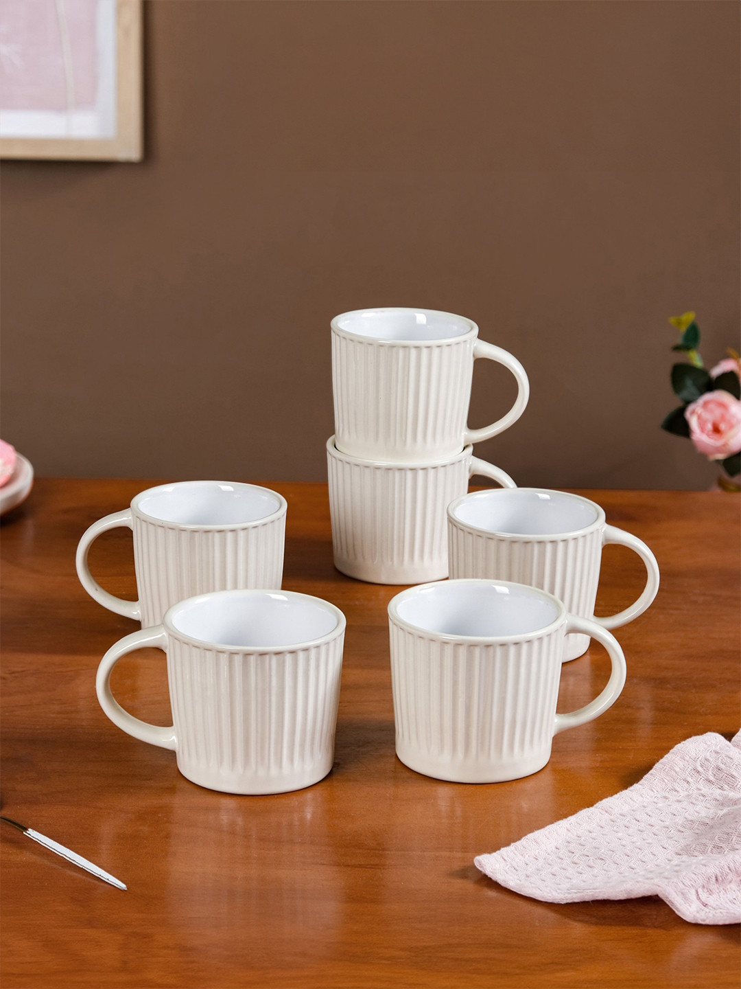 Nestasia Diamond White Textured Ceramic Microwave Safe 6 Piece Mugs-300ml