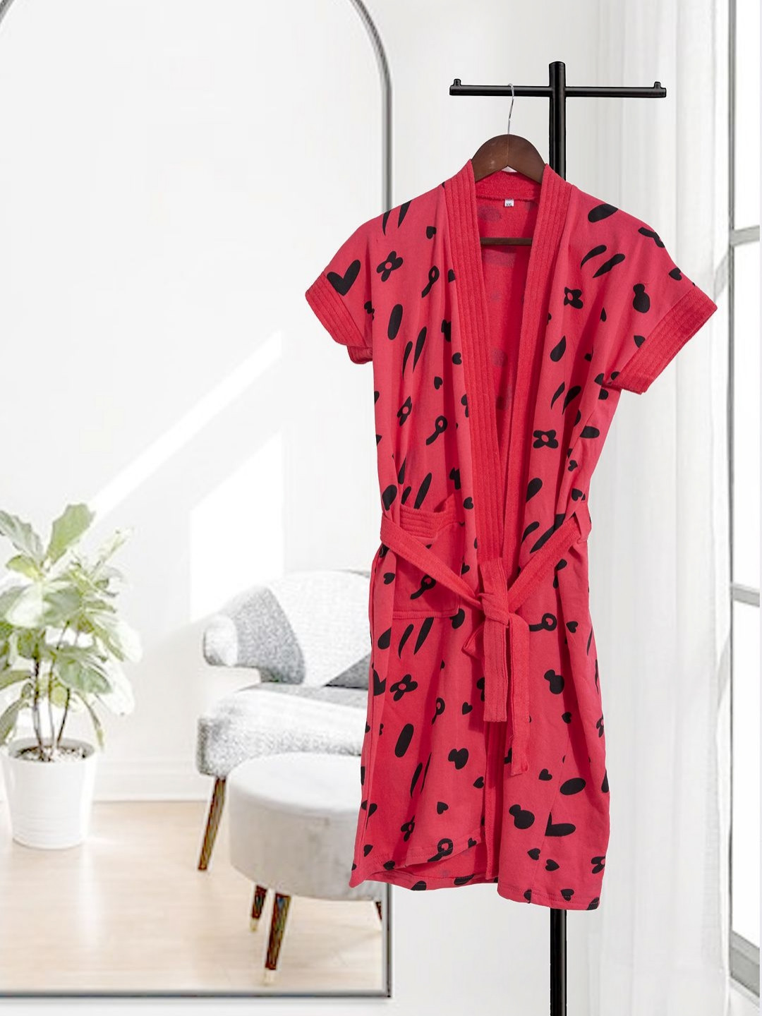 LacyLook Watermelon Pink Conversational Terrycloth Drawstring Knee Length Bath Robe