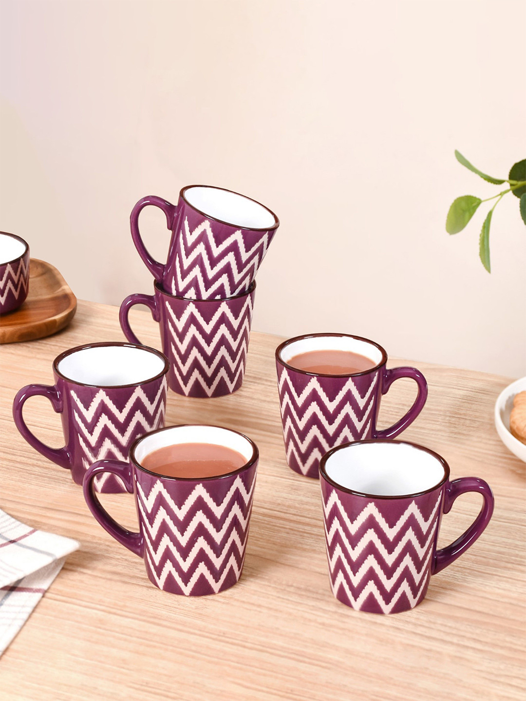 Nestasia Purple Chevron Ceramic Microwave Safe 6 Piece Cups-250ml