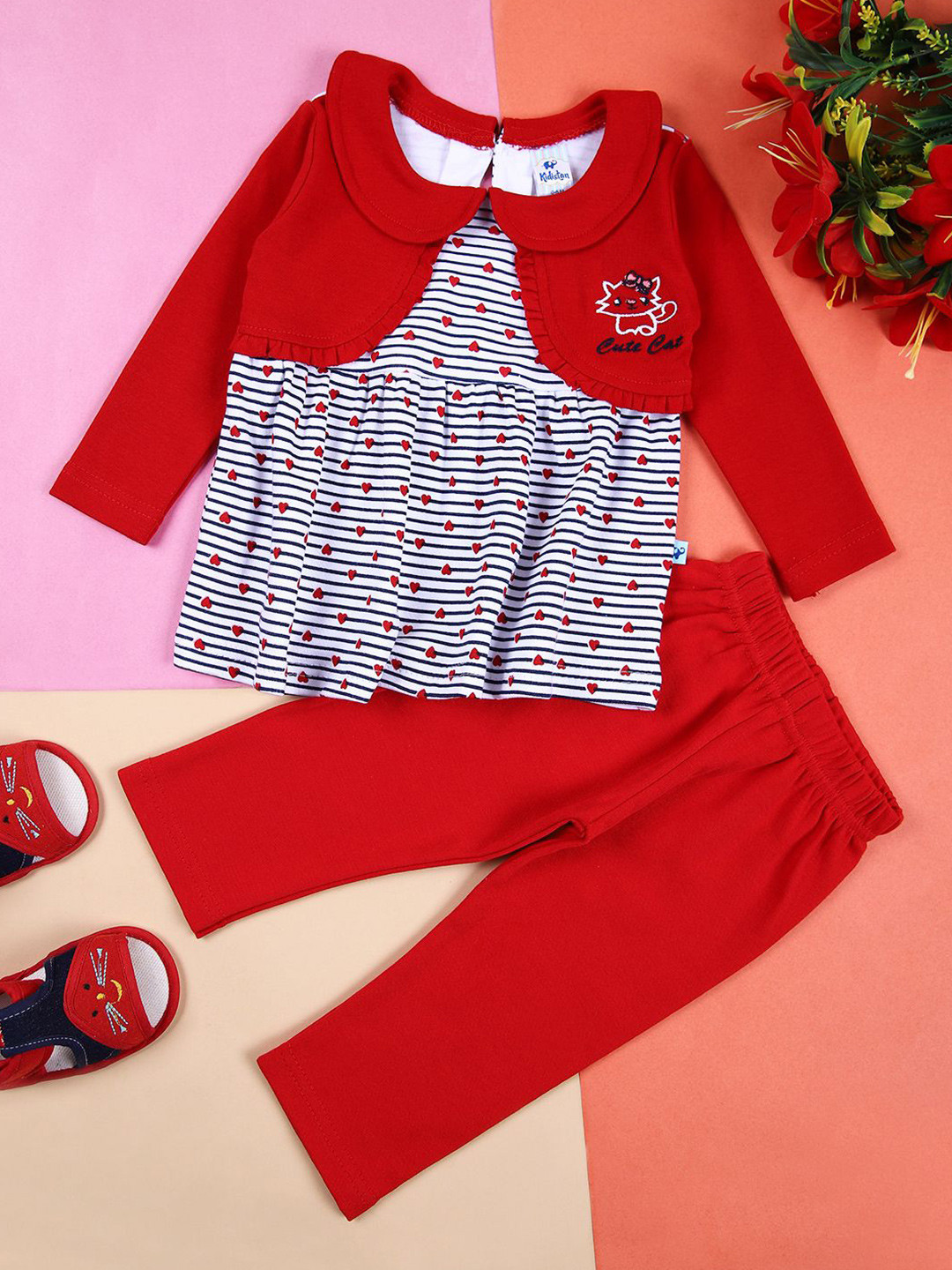 V-Mart Girls Printed Peter Pan collar Top With Leggings