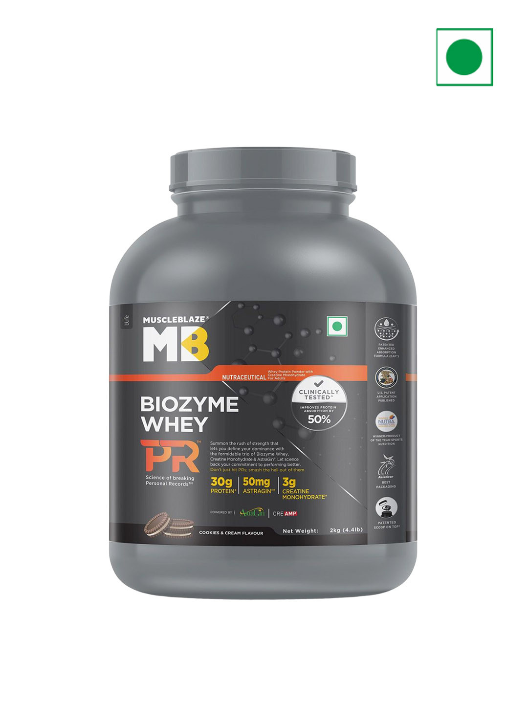 MuscleBlaze Unisex Biozyme Whey Protein -2kg- Cookies & Cream Flavour