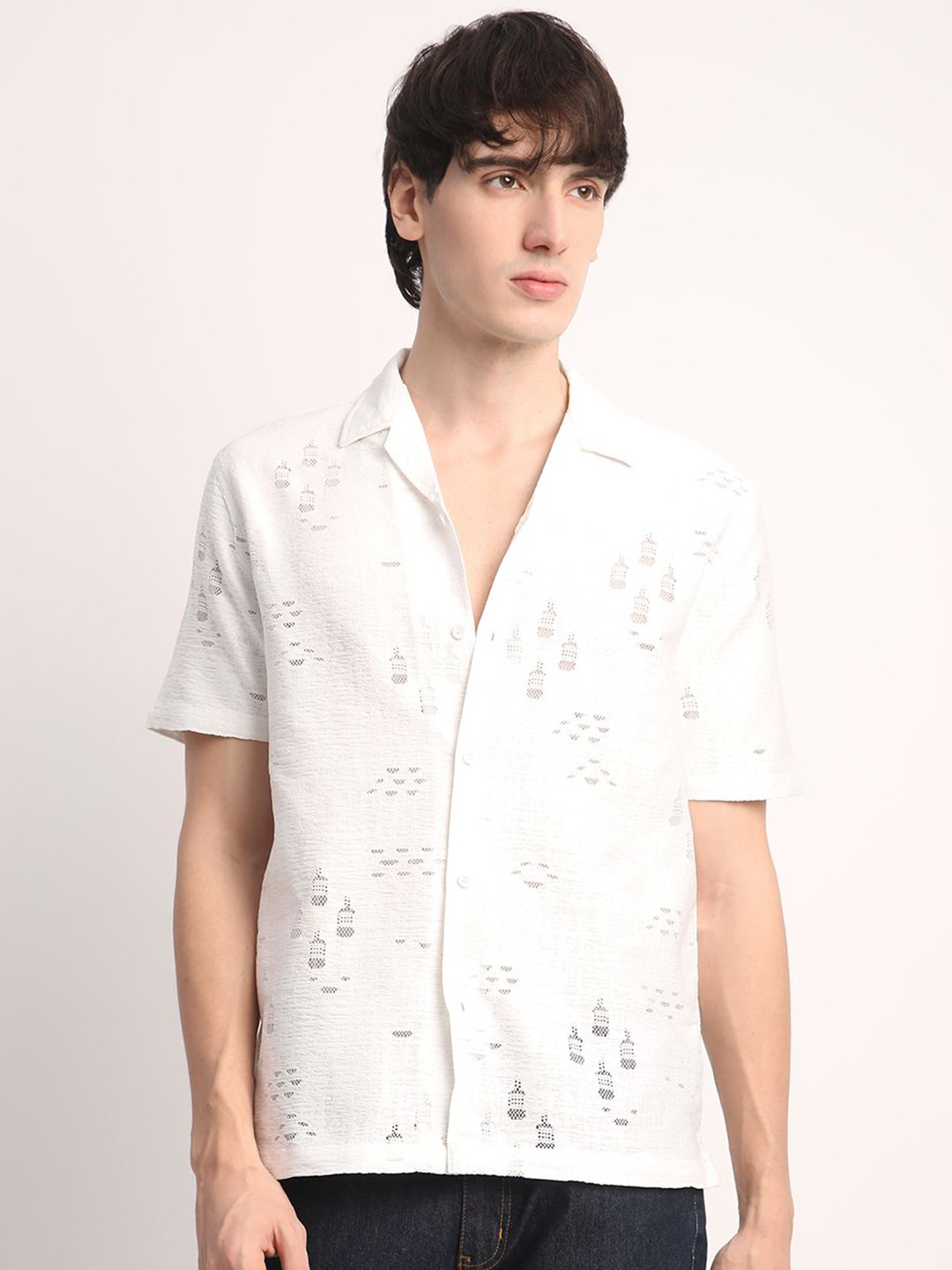 Voroxy Men Straight Cuban Collar Textured Polycotton Casual Shirt