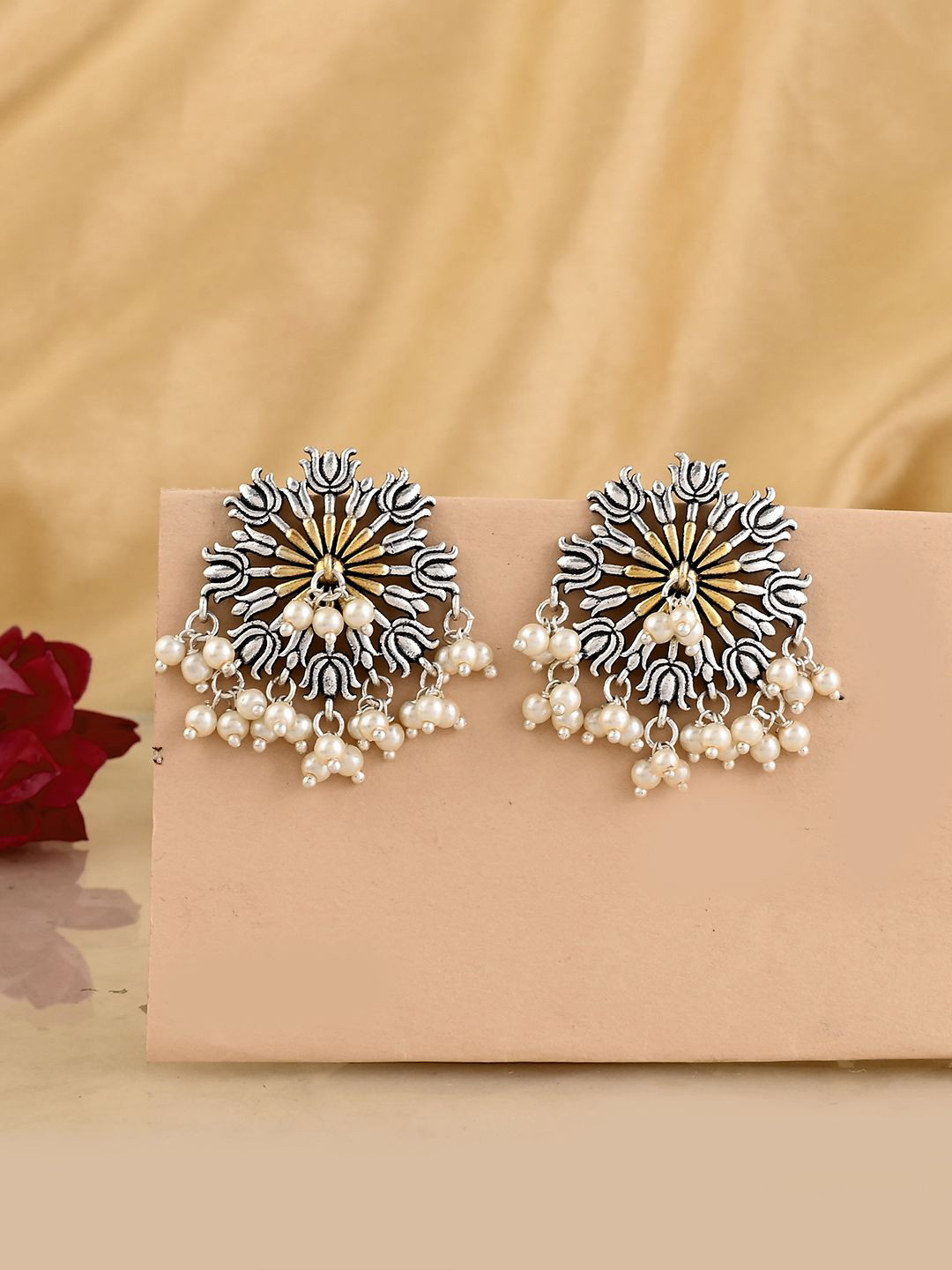 Voylla Silver Plated Beaded Qasbah Padma Oxidised Two Tone Studs