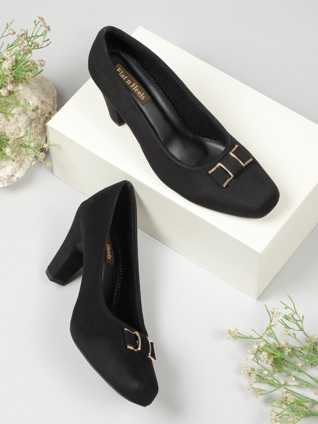 Flat n Heels Women Solid Block Heel Pumps with Buckles